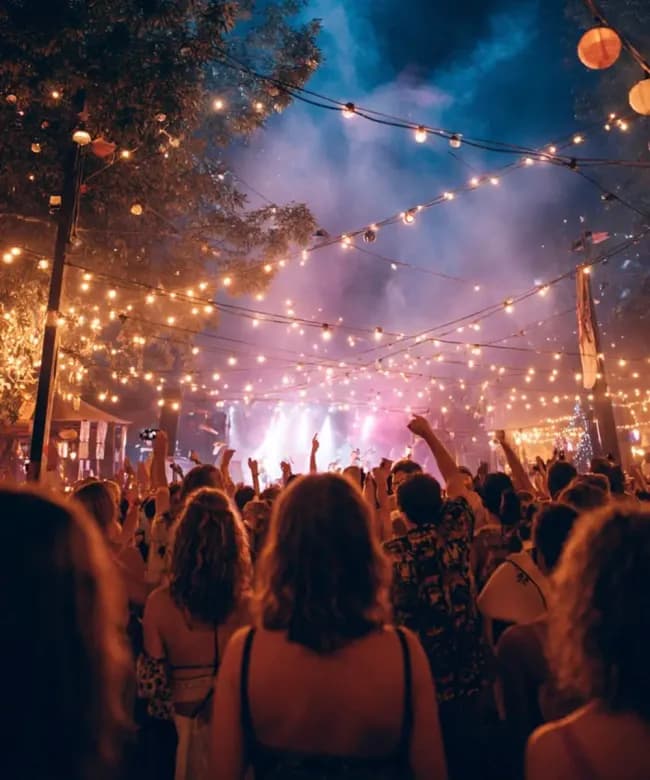 A back view of a crowd with hands in the air at an outdoor evening concert. Festoon string lights crisscross the sky, with smoke, stage lights, and a performer visible.